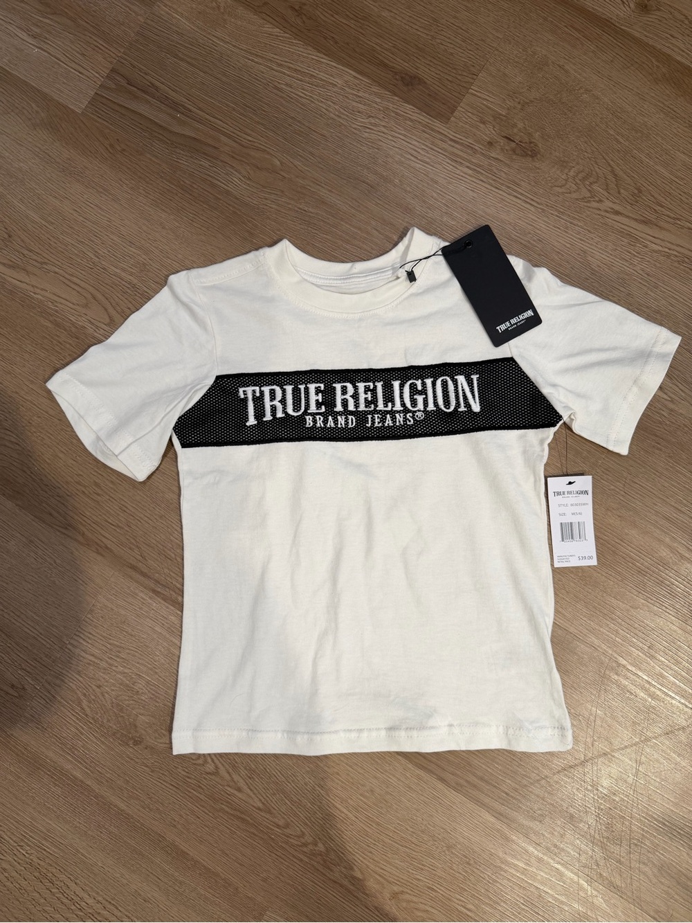True Religion White Tee with Black Logo Stripe